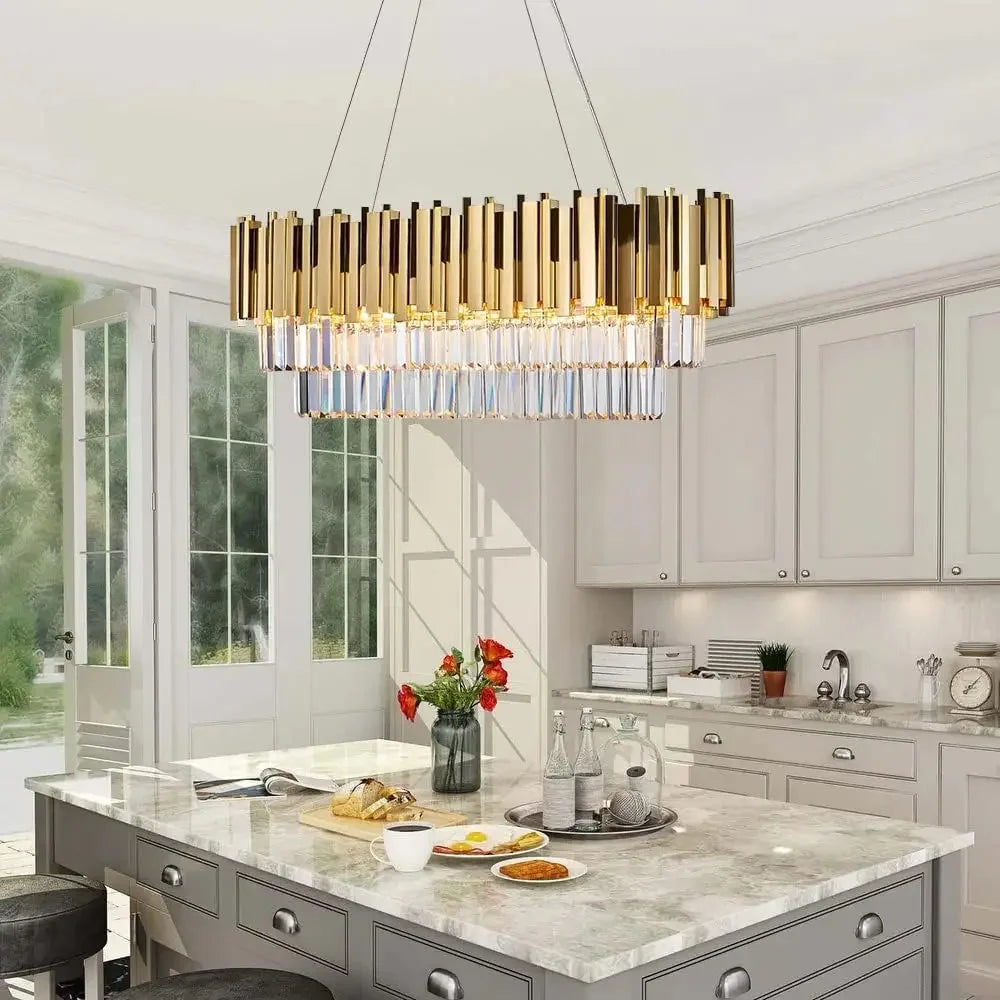 Luxury gold crystal chandelier for dining room and kitchen island, featuring oval pendant lights and elegant chandelier lamp fixture