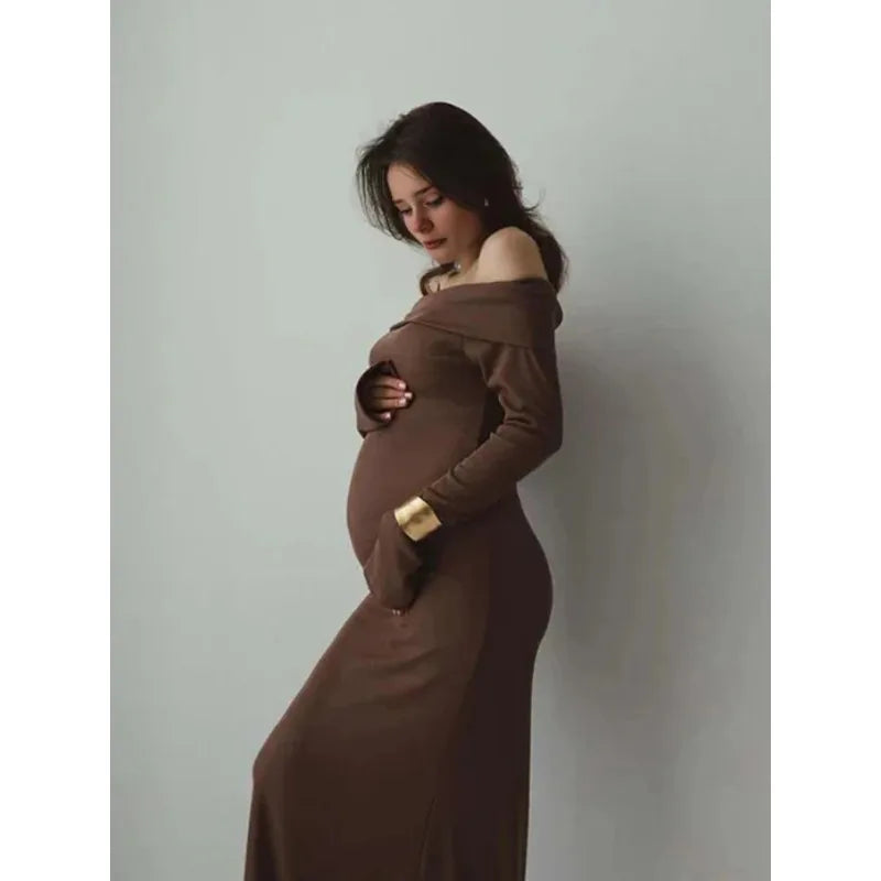 White off-shoulder knit maternity dress by Showlu Fashion Store, perfect for pregnancy photoshoots, featuring soft, comfortable fabric.