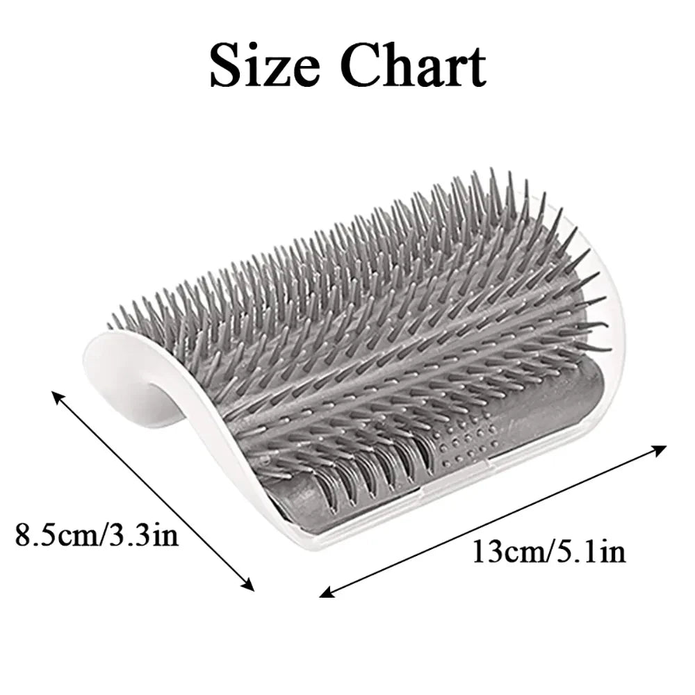 Showlu Fashion Store cat scratcher and massager with grooming brush on a grooming table, designed for pet hair removal and scratching.