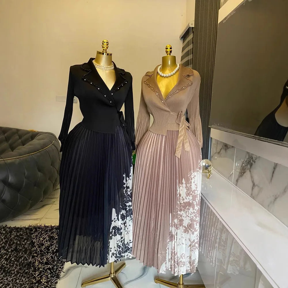 2025 Spring and Summer Vacation Two Pieces Miyake Pleated Printed Dress High-end Pleated Medium and Long Dress Women's Clothing