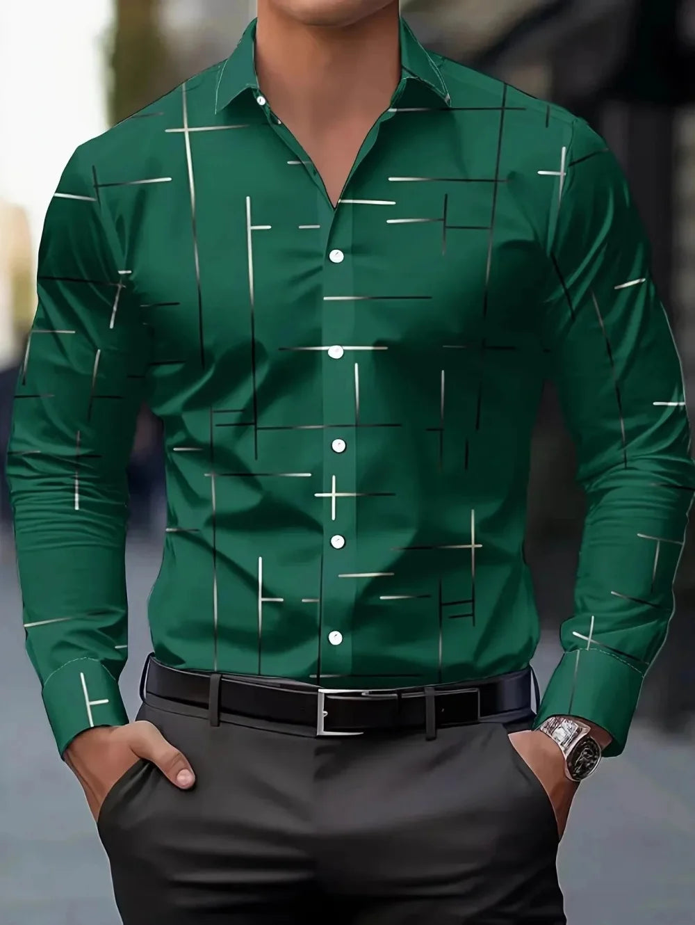 Men's long-sleeve spring shirt with minimalist line design, high-end European and American style business casual shirt by Showlu Fashion