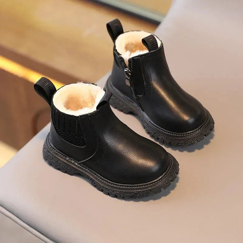 Sonkpuel kids winter snow boots made of warm PU leather, ankle shoes for boys and girls, suitable for cold weather.