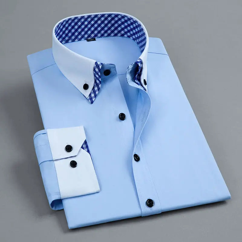Men's long sleeve dress shirt by Showlu Fashion, non-iron, double layer, white and blue, formal business office shirt.