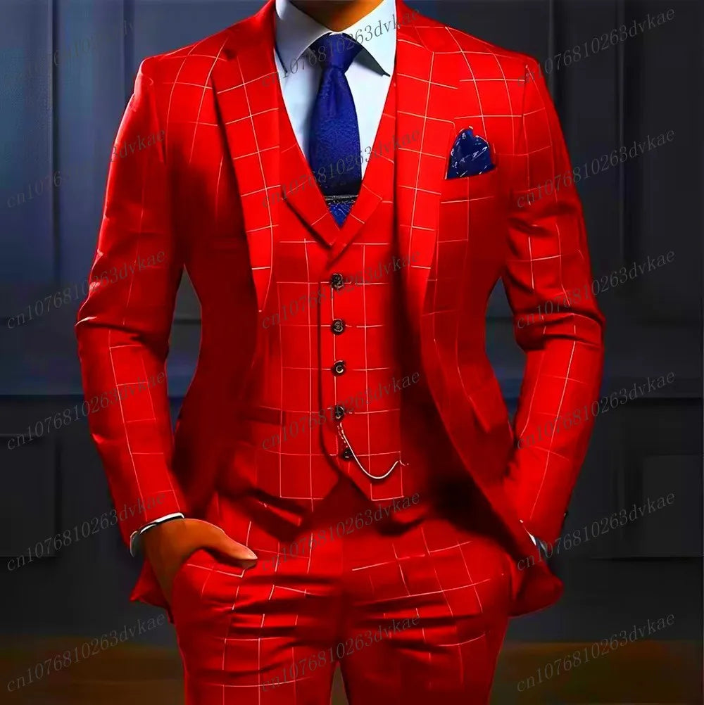 Navy blue men's plaid suit by Showlu Fashion, including blazer, vest, and pants, suitable for wedding or formal occasions.