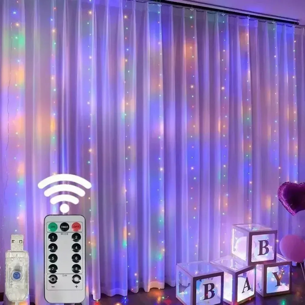 Showlu Smart General LED curtain fairy lights hanging with warm white glow, ideal for home decor and festive lighting.