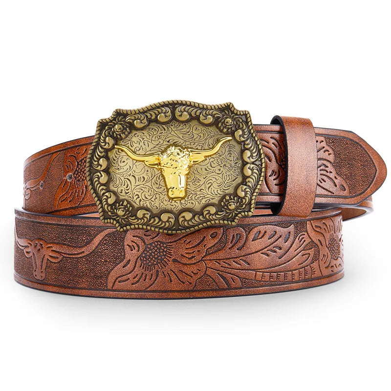Western cowboy PU leather belt with vintage printed buckle for jeans, Showlu Fashion Store product image.