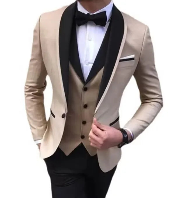 Showlu men's 3-piece slim fit wedding suit with wool blend fabric, shawl lapel tuxedo, featuring tailored jacket, vest, and trousers.