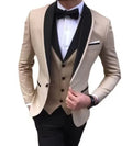 Showlu men's 3-piece slim fit wedding suit with wool blend fabric, shawl lapel tuxedo, featuring a tailored jacket, vest, and trousers.