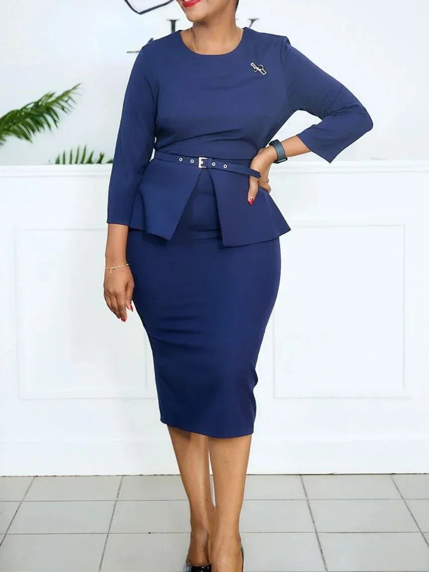 AOMEI women's long sleeve peplum African church dress, midi length, elegant black gown with intricate embroidery and fitted waist.