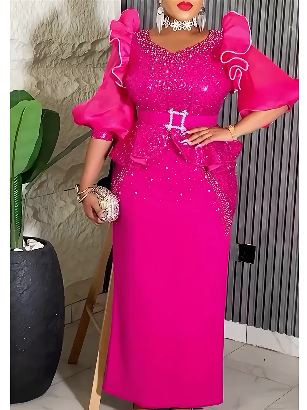 Plus size African party dress by Showlu Fashion with sequin embellishments, long maxi style, perfect for weddings and evening events.