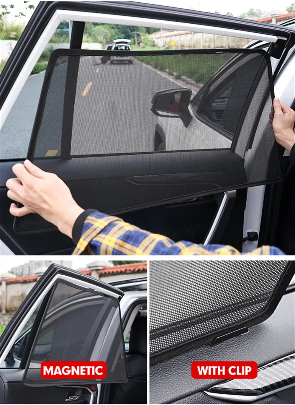 Magnetic car sunshade from Showlu Fashion Store, showing its reflective surface and easy-to-attach design for vehicle sun protection.