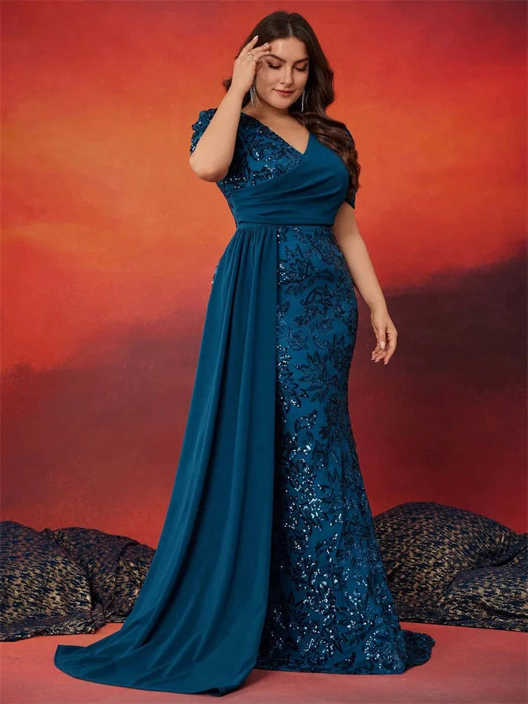 Plus size BluePlum women's V-neck sequin mermaid evening dress with long sleeves, elegant formal gown for special occasions.