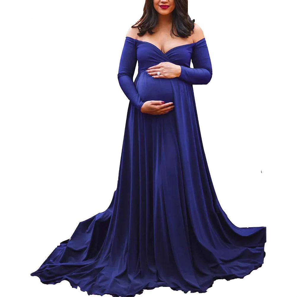Elegant European and American women's maternity maxi dress with V-neck, silk-cotton blend, train, and flared design for photoshoots.