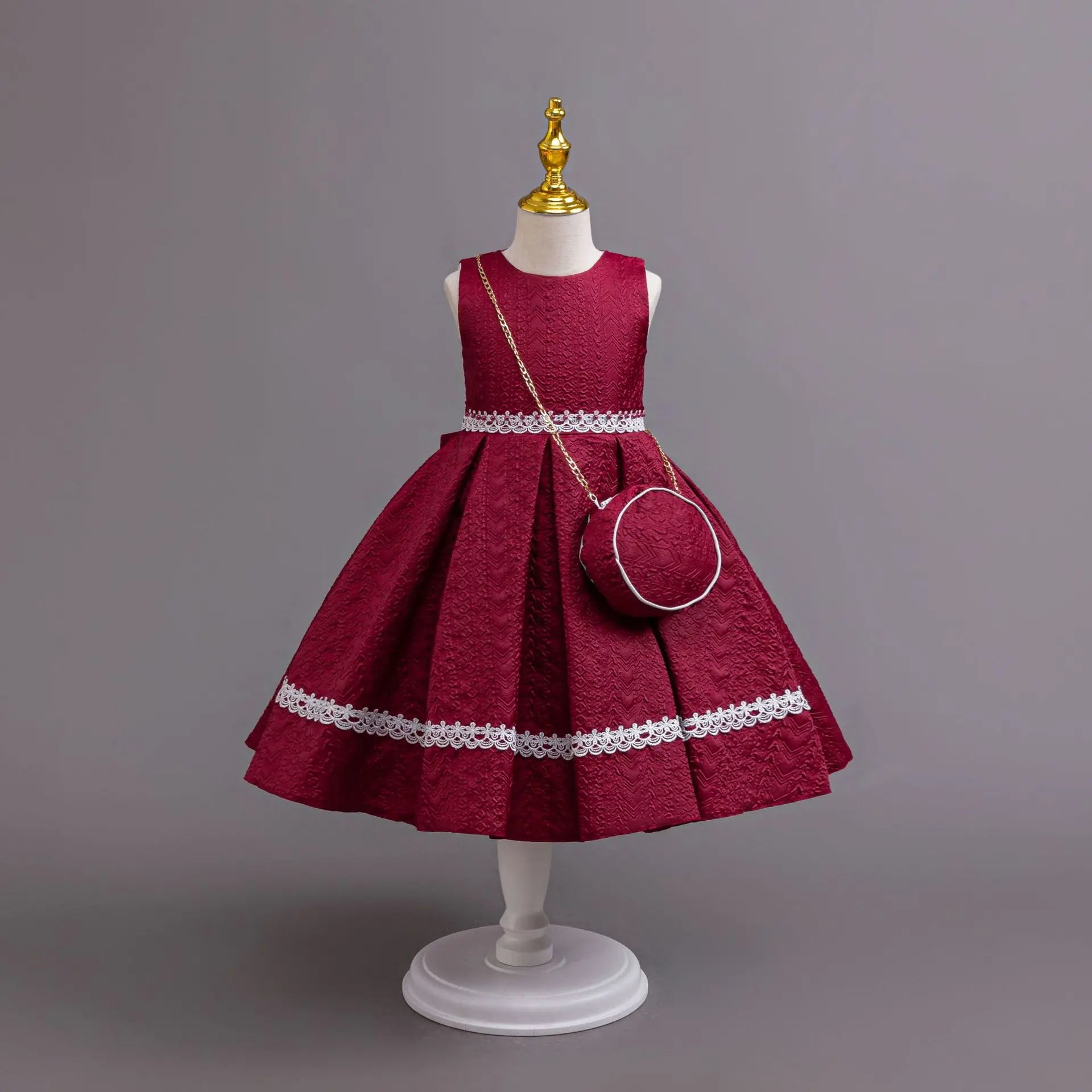 Showlu Fashion Girls lace long sleeve Christmas party dress with matching bag, elegant formal gown for special occasions.