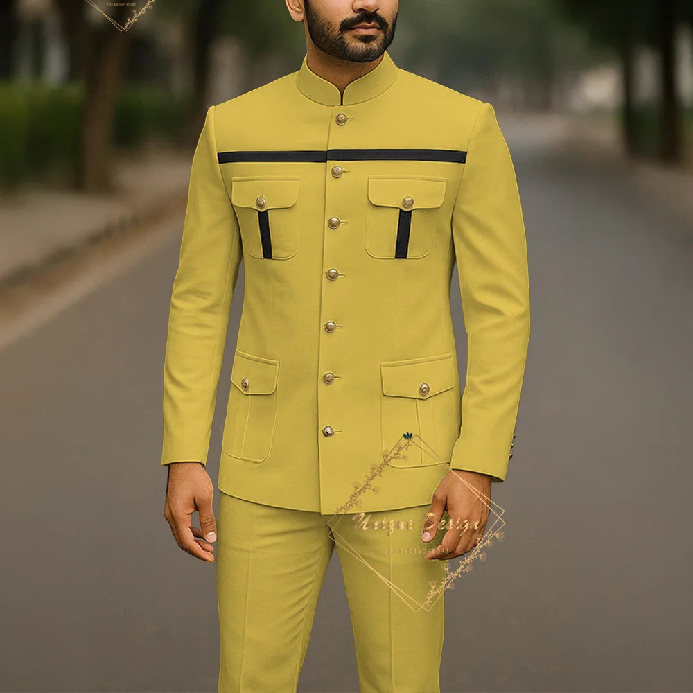 Ivory formal safari suit for men, custom-made Indian wedding groom attire, 2-piece slim fit jacket and pants, elegant party dress
