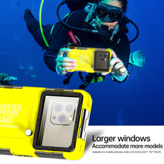 A yellow waterproof phone case with a large clear window for various mobile devices.