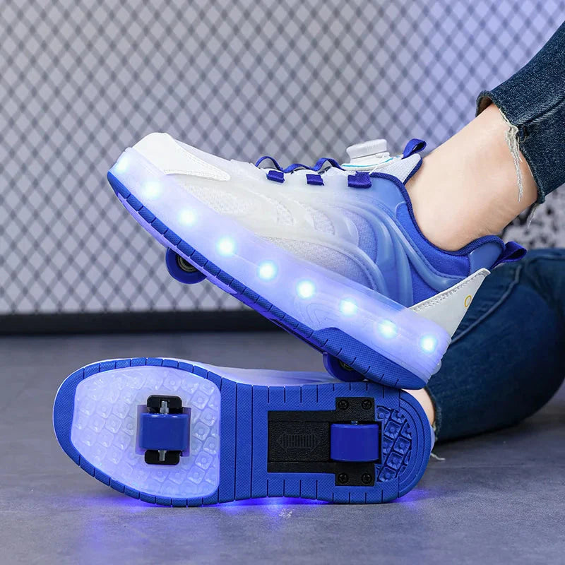 Showlu Kids LED Roller Skate Shoes with luminous sneakers featuring USB charging and vibrant light-up soles.