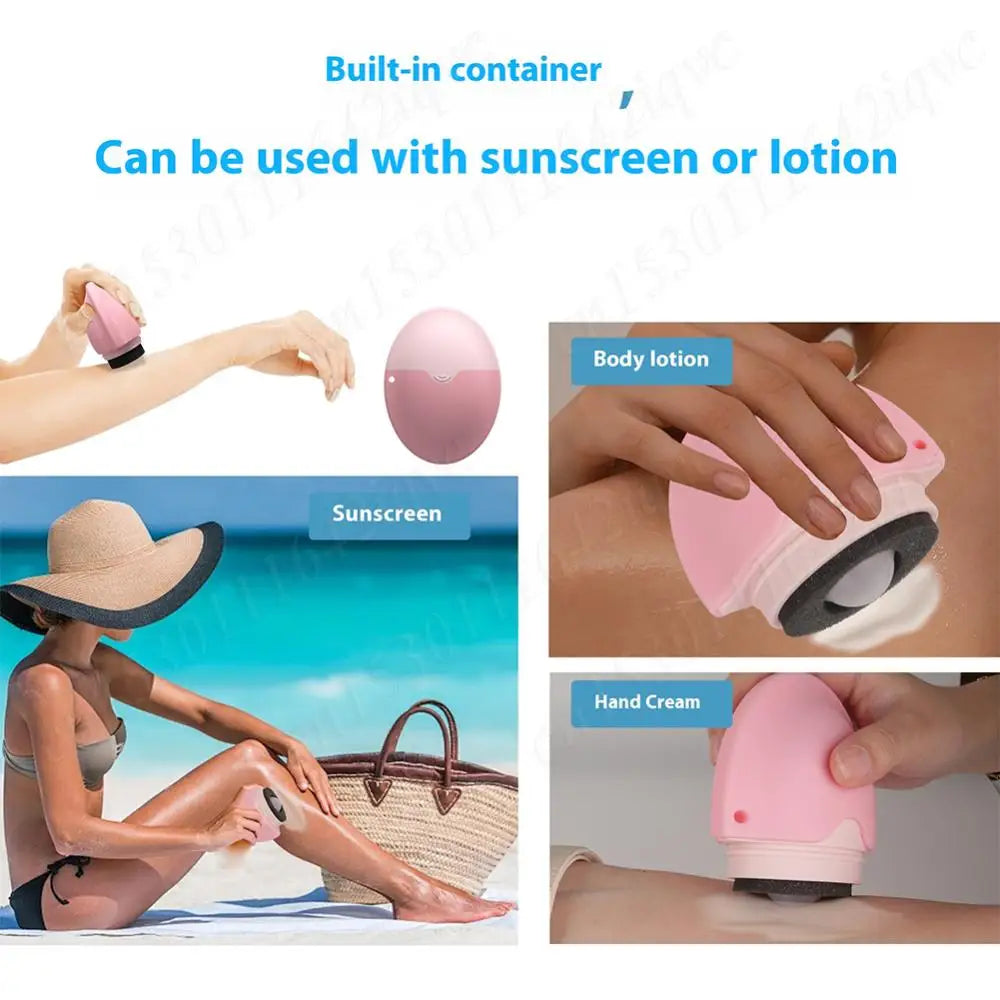 Portable 55ml sunscreen applicator with refillable silicone roll-on sponge for easy suncream application during family travel
