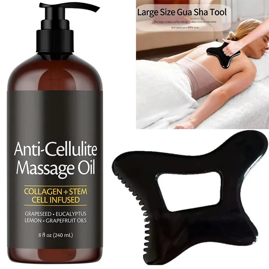 Showlu Anti Cellulite Massage Oil bottle with collagen and stem cell ingredients, designed for skin tightening and cellulite reduction