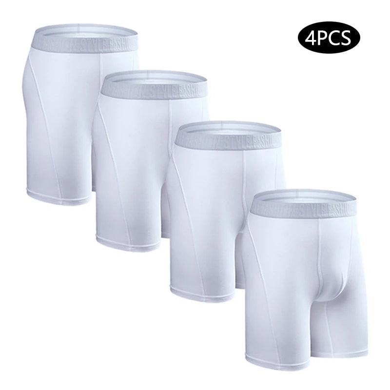 Four pairs of men's long leg boxer shorts in cotton, plus size trunks from SRBONITOS by Showlu Fashion Store, displayed in a 4-pack.