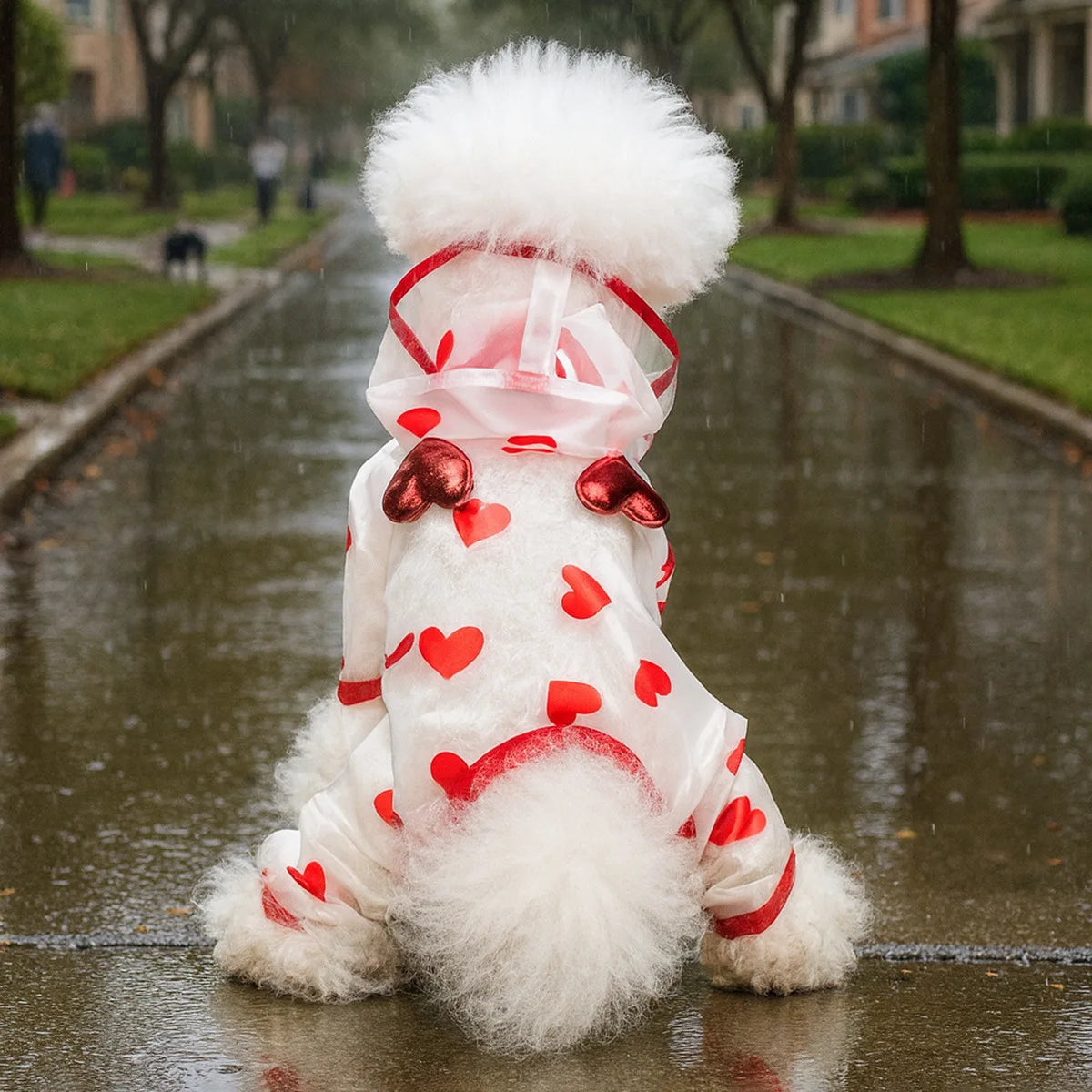 Red waterproof dog raincoat by Showlu Fashion Store featuring a puppy hoodie and pet jumpsuit for rainy weather.