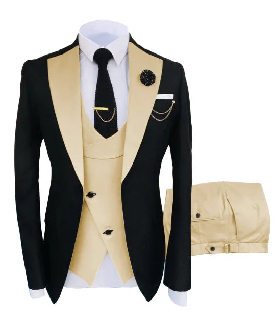 Black men's slim fit business suit with jacket, pants, and vest, ideal for formal weddings and occasions, stylish and tailored.