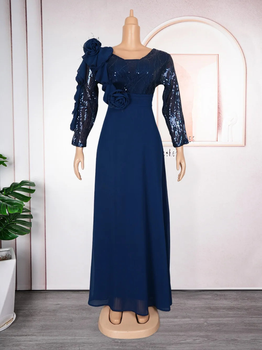 Kalenmos women's V-neck print maxi dress by SHOWLU FASHION, elegant A-line style with long sleeves and floral patterns.