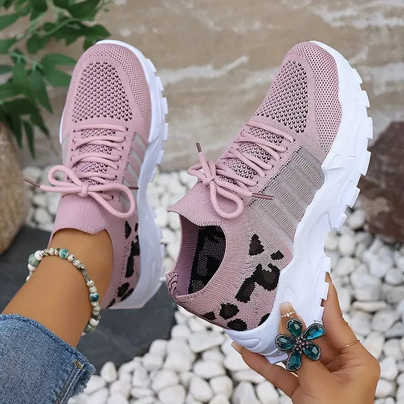 Leopard print women's sneakers by Showlu Fashion Store, lightweight and breathable casual shoes for women.