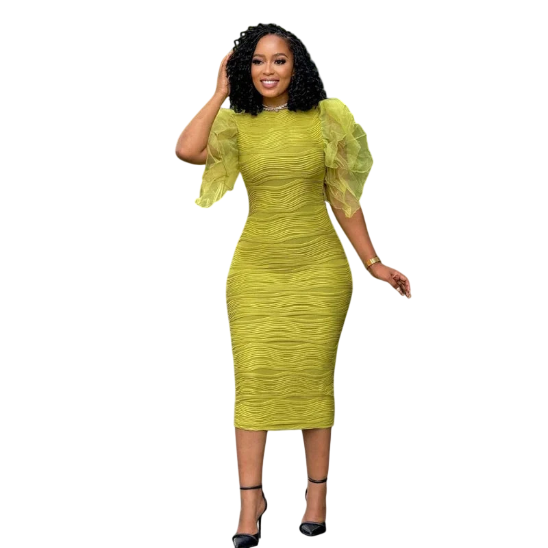 Black women's bodycon party dress with o-neck and ruffle sleeves, mid-calf length, from SHOWLU FASHION STORE.