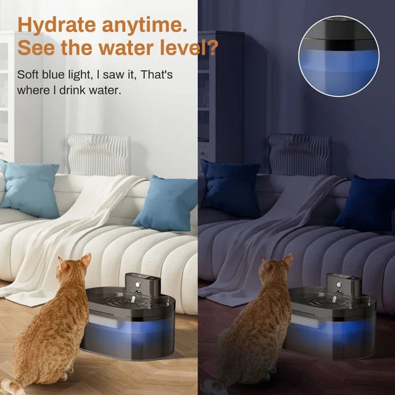Wireless Smart Cat Water Fountain 2.2L with sensor from Showlu Smart General, featuring a sleek design and flowing water.