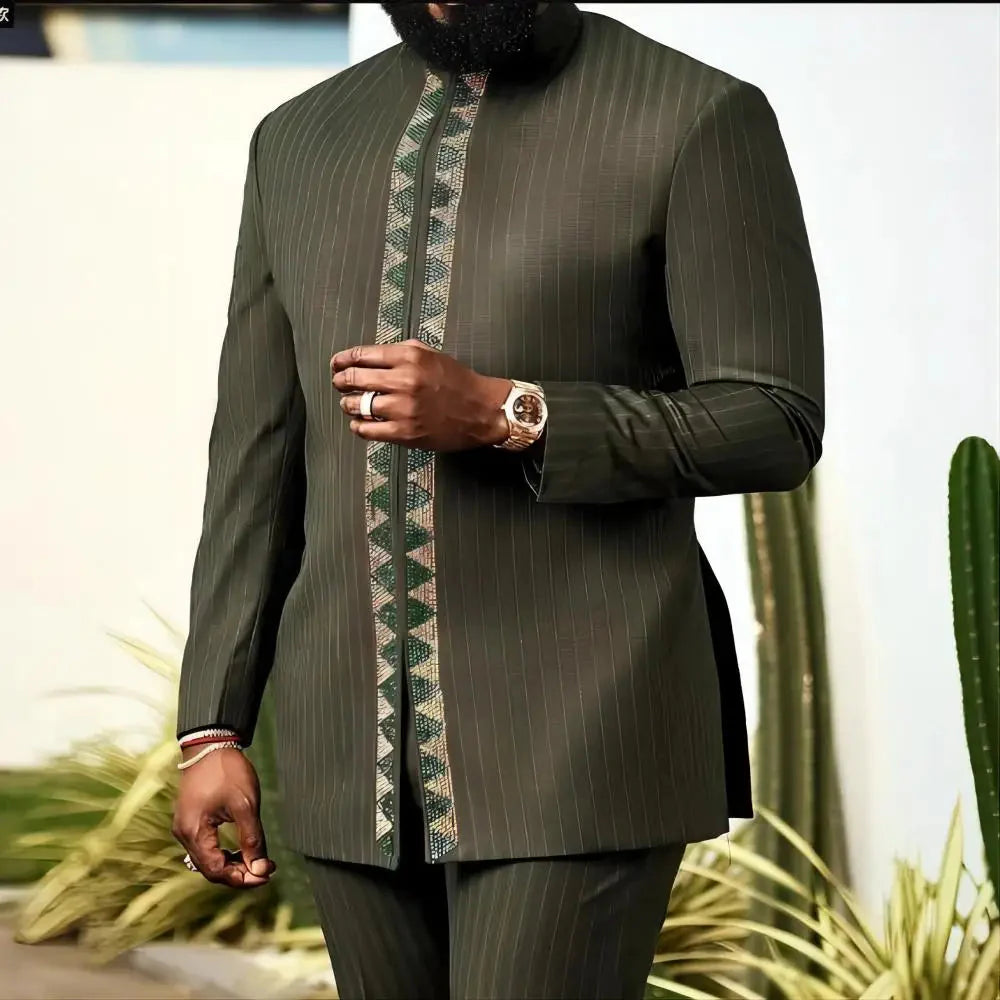 Men's striped two-piece suit by SHOWLU FASHION, formal cotton blend set featuring classic design and tailored fit.