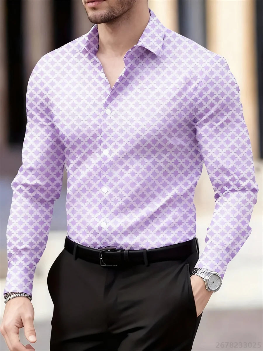 Men's long sleeve geometric plaid pattern shirt in 14 colors, breathable casual and business top with lapel by Showlu Fashion Store
