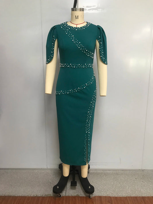 Womens Wedding Guest Dresses Elegant Trendy Solid Color Ruffle Beaded Round Neck Short Sleeve Dresses Style