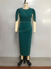 Womens Wedding Guest Dresses Elegant Trendy Solid Color Ruffle Beaded Round Neck Short Sleeve Dresses Style