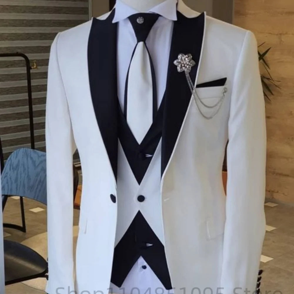 Men's solid slim fit 3-piece business suit set with blazer, vest, and pants, ideal for weddings and formal occasions
