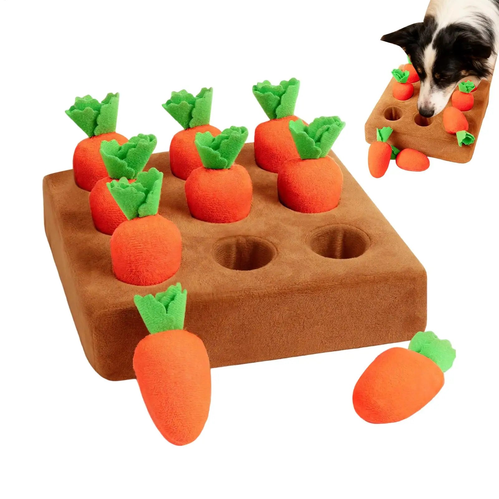 Dog snuffle mat for enrichment, interactive carrot puzzle toy for boredom relief and foraging training, designed for dogs.
