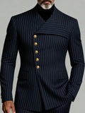 Men Asymmetric Lapel Pinstripe Suit Blazer Single Breasted Slim Fit Formal Wedding Fashion Jacket Male Outerwear