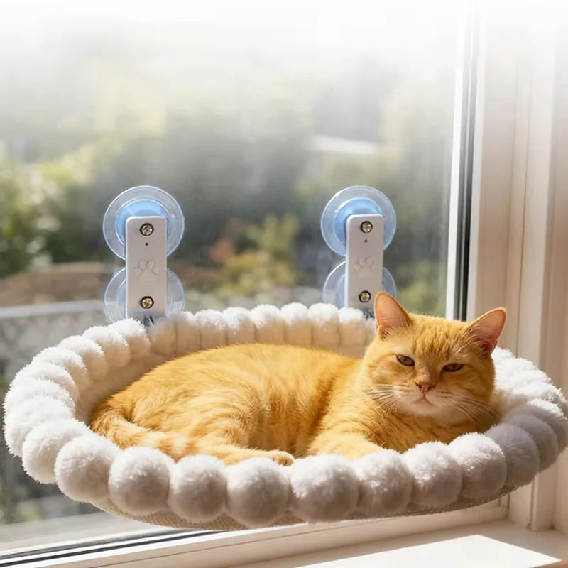 Showlu Cat Window Hammock with plastic perch and strong suction cups, providing a cozy spot for cats to relax by the window.