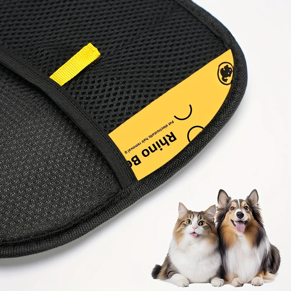 Showlu 2-pack pet hair removal brushes and grooming gloves, double-sided with soft bristles and flexible glove design for easy grooming.