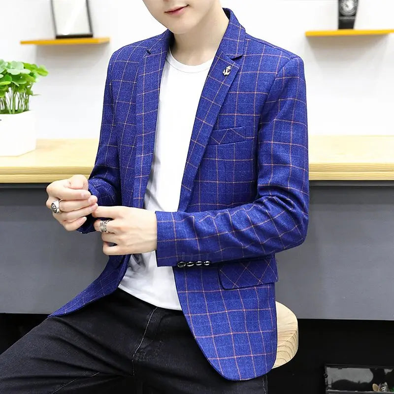 Men's slim fit striped plaid blazer by SHOWLU FASHION STORE, casual Korean style jacket with tailored fit and stylish design.