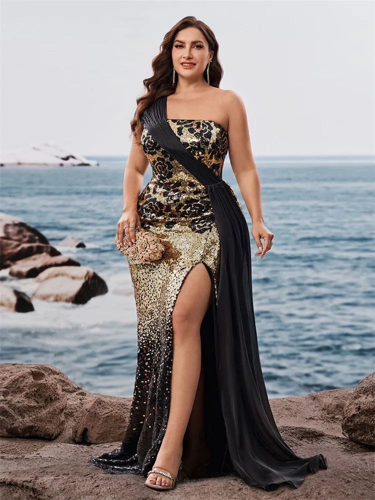 Elegant plus size off-shoulder evening dress by Showlu Fashion with a slit, sleeveless design, mermaid silhouette, and ribbon detail.