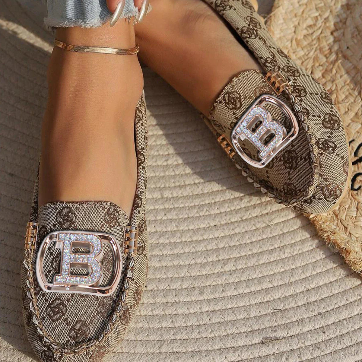 Women's floral slip-on loafers by SHOWLU FASHION STORE, elegant fabric driving flats with floral pattern and comfortable design.