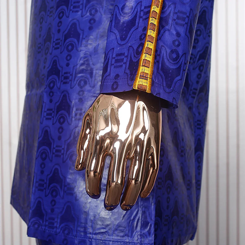 H&D Men's African Dashiki 2-piece cotton embroidery Bazin suit with traditional design and vibrant colors, showcasing detailed craftsmanship.