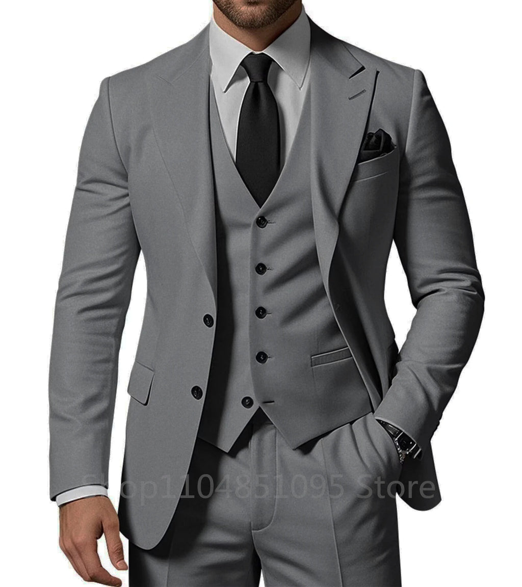 Elegant men's 3-piece wedding suit with peak lapel jacket, pants, and vest in black, stylish formal attire for groom or prom.