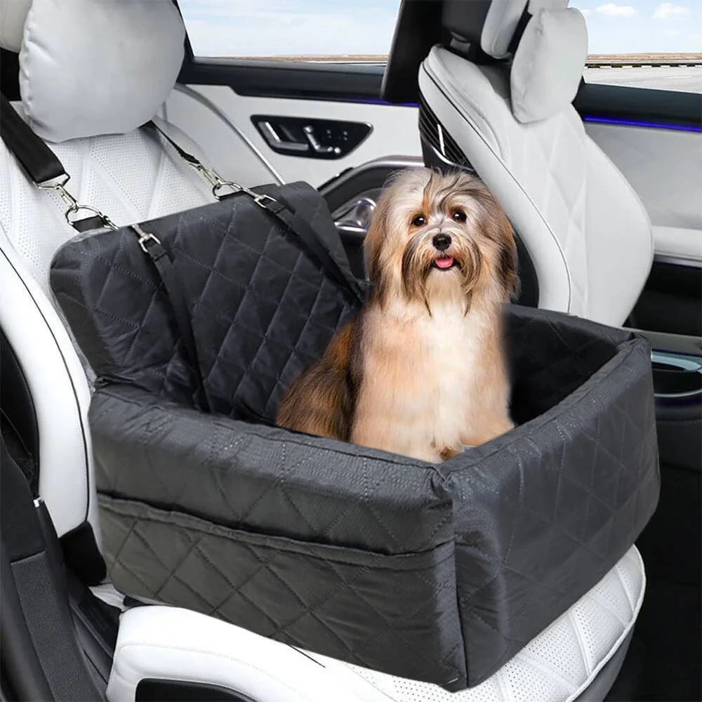 Warm portable dog car seat for small to medium pets with washable cushion, safety belt, and storage pocket for outdoor travel.