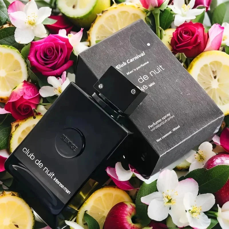 Armaf Club de Nuit Intense men's EDT perfume in black bottle, 3.4 fl oz, featuring sleek design and masculine fragrance.
