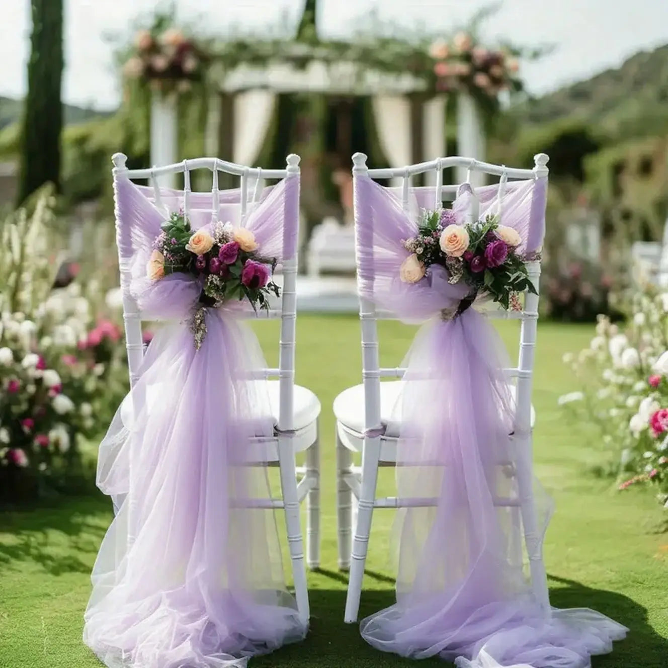 Set of 10 wedding chair sashes and bows in 200x75cm gauze fabric, ideal for aisle and party chair decor.