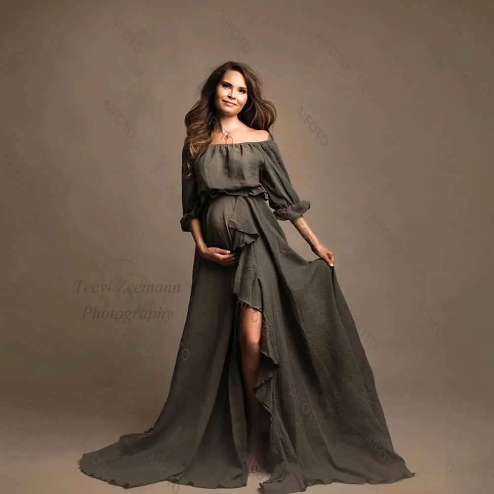 Showlu Fashion Studio maternity dress with high slit, off-shoulder boho maxi gown for pregnancy photoshoots and baby showers.