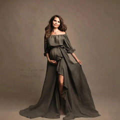 Maternity Dress Photography Studio Prop Cotton High Slit Off Shoulder Boho Beach Pregnancy Photoshoot Maxi Dress For Baby Shower