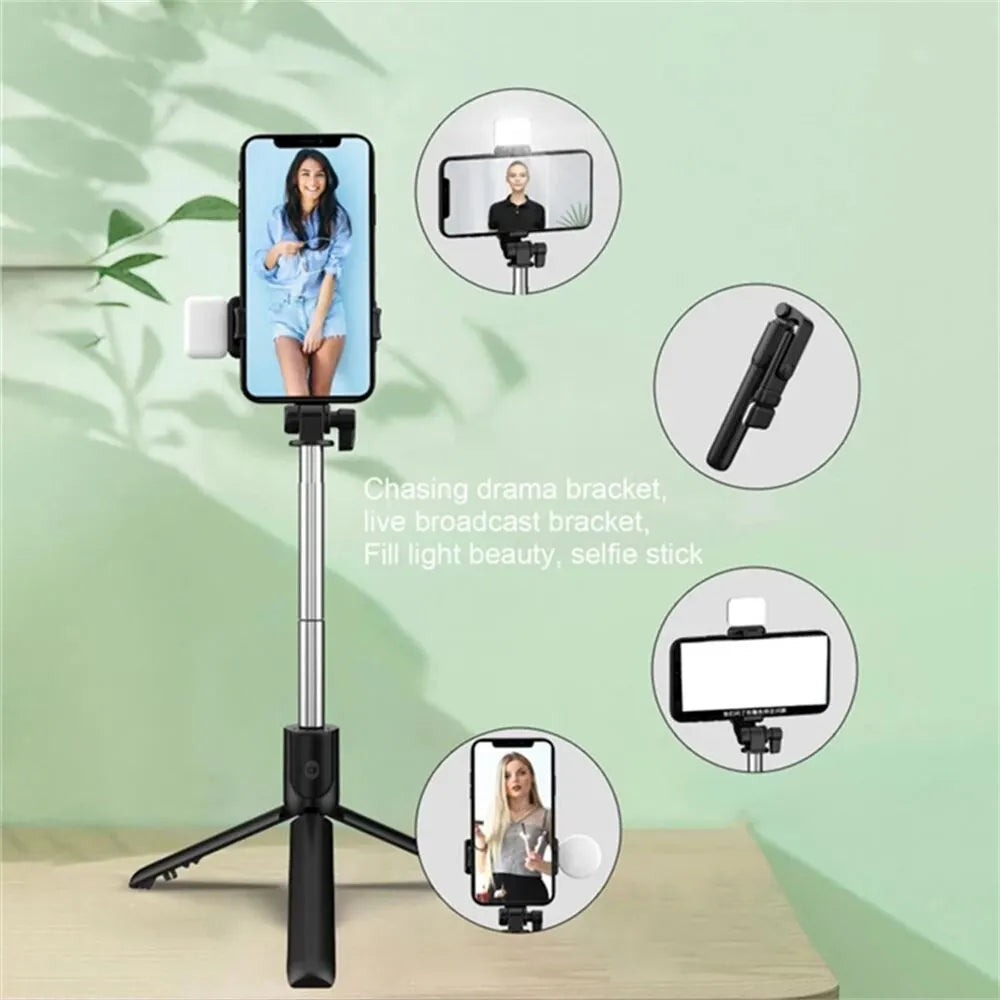 Wireless selfie stick tripod with Bluetooth remote, phone holder, and LED fill light for live streaming and selfies.